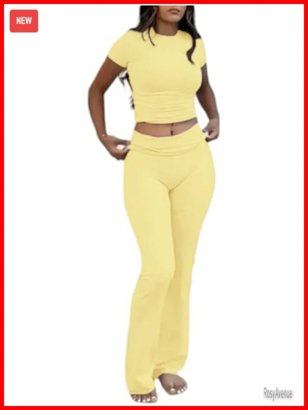 2 Piece Lounge Set - Crop Top & Foldover Flare Pants Pajama Outfit